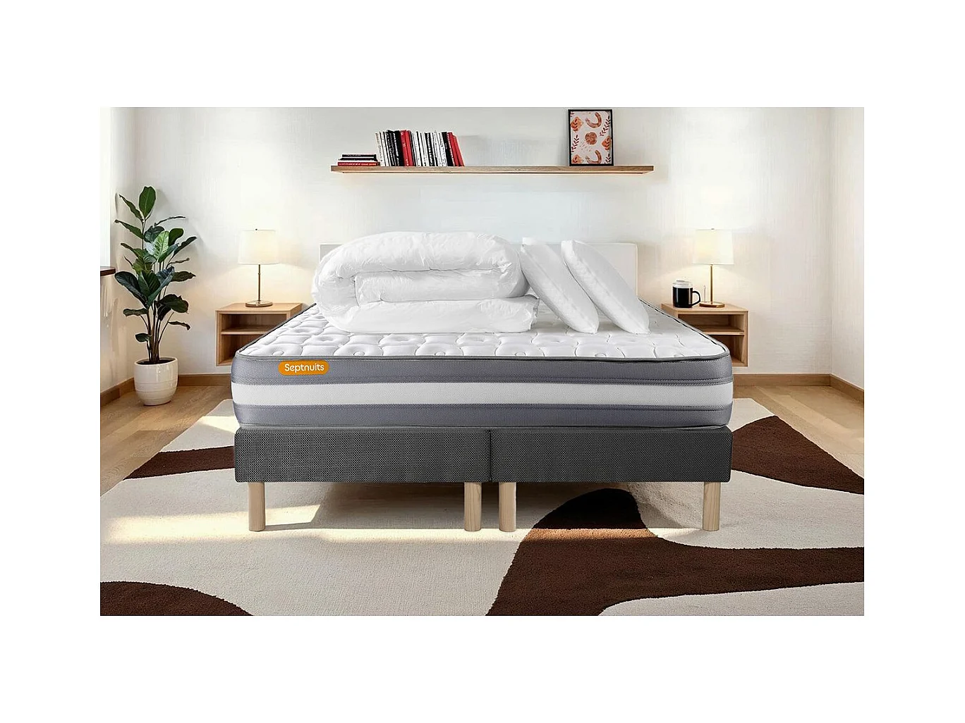 PACK matelas 160x200 + double sommier gris 80x200 Memo Plus Mémoire de forme 3 zones + 2 oreillers + couette