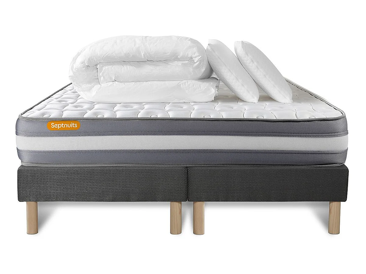 PACK matelas 160x200 + double sommier gris 80x200 Memo Plus Mémoire de forme 3 zones + 2 oreillers + couette