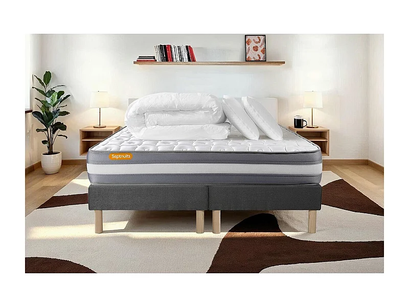 PACK matelas 160x200 + double sommier gris 80x200 Memo Plus Mémoire de forme 3 zones + 2 oreillers + couette