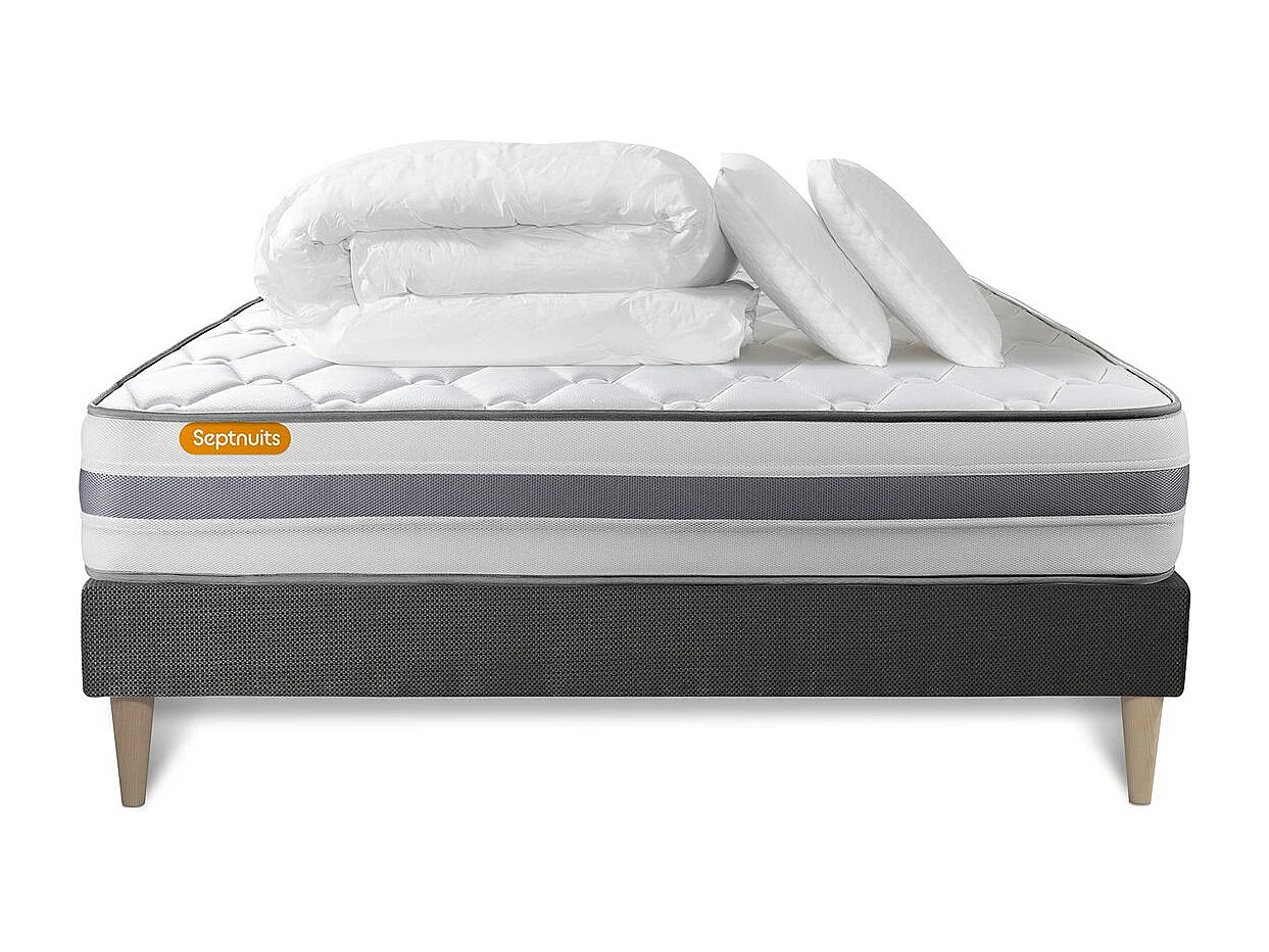 Pack matelas + sommier kit gris 140x190 Memo Spring Ressorts ensachés MAXI épaisseur + Couette + 2 oreillers