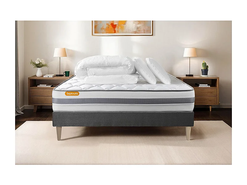 Pack matelas + sommier kit gris 140x190 Memo Spring Ressorts ensachés MAXI épaisseur + Couette + 2 oreillers