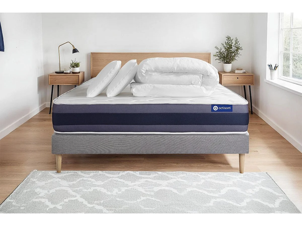 Pack prêt à dormir matelas Latex + Mémoire de forme ACTILATEX MORPHO 140x190 cm + sommier KIT gris + 2 oreillers + couette
