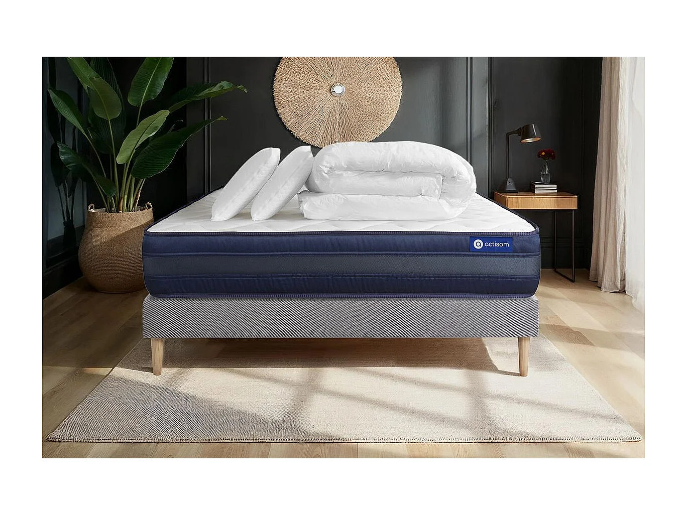 Pack prêt à dormir matelas ACTIMEMO TECH 160x200 Mémoire de forme 5zones de confort + sommier KIT gris + 2oreillers +couette