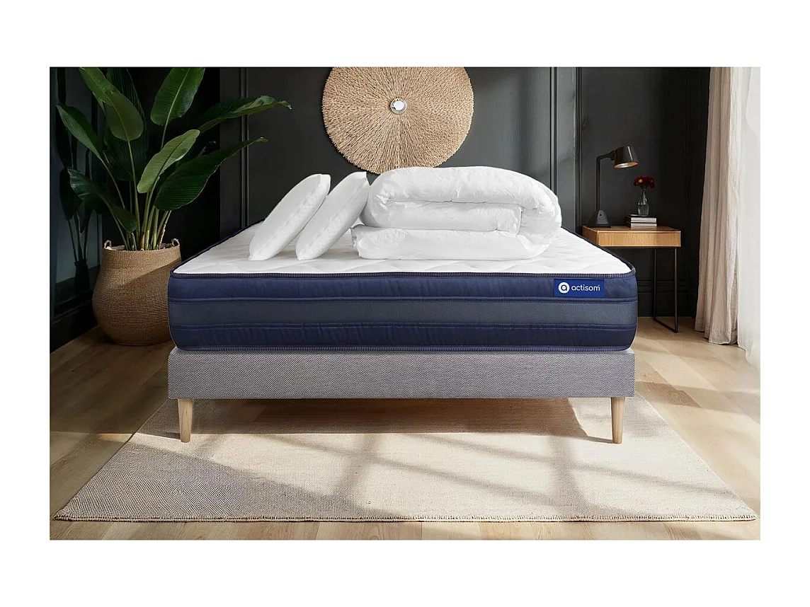 Pack prêt à dormir matelas ACTIMEMO TECH 160x200 Mémoire de forme 5zones de confort + sommier KIT gris + 2oreillers +couette