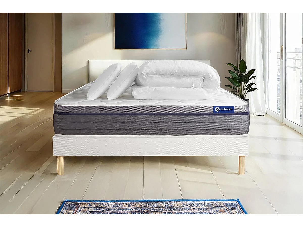Pack prêt à dormir matelas Latex + Mémoire de forme ACTILATEX ZEN 140x190 cm + sommier KIT blanc + 2 oreillers + couette