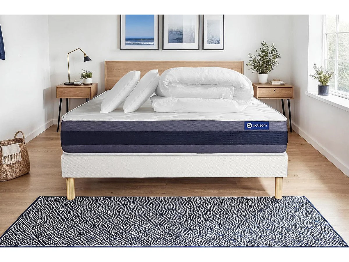 Pack prêt à dormir matelas Ressorts ensachés+Mémoire de forme ACTIFLEX MORPHO 140x200 + sommier KIT blanc +2oreillers+couette