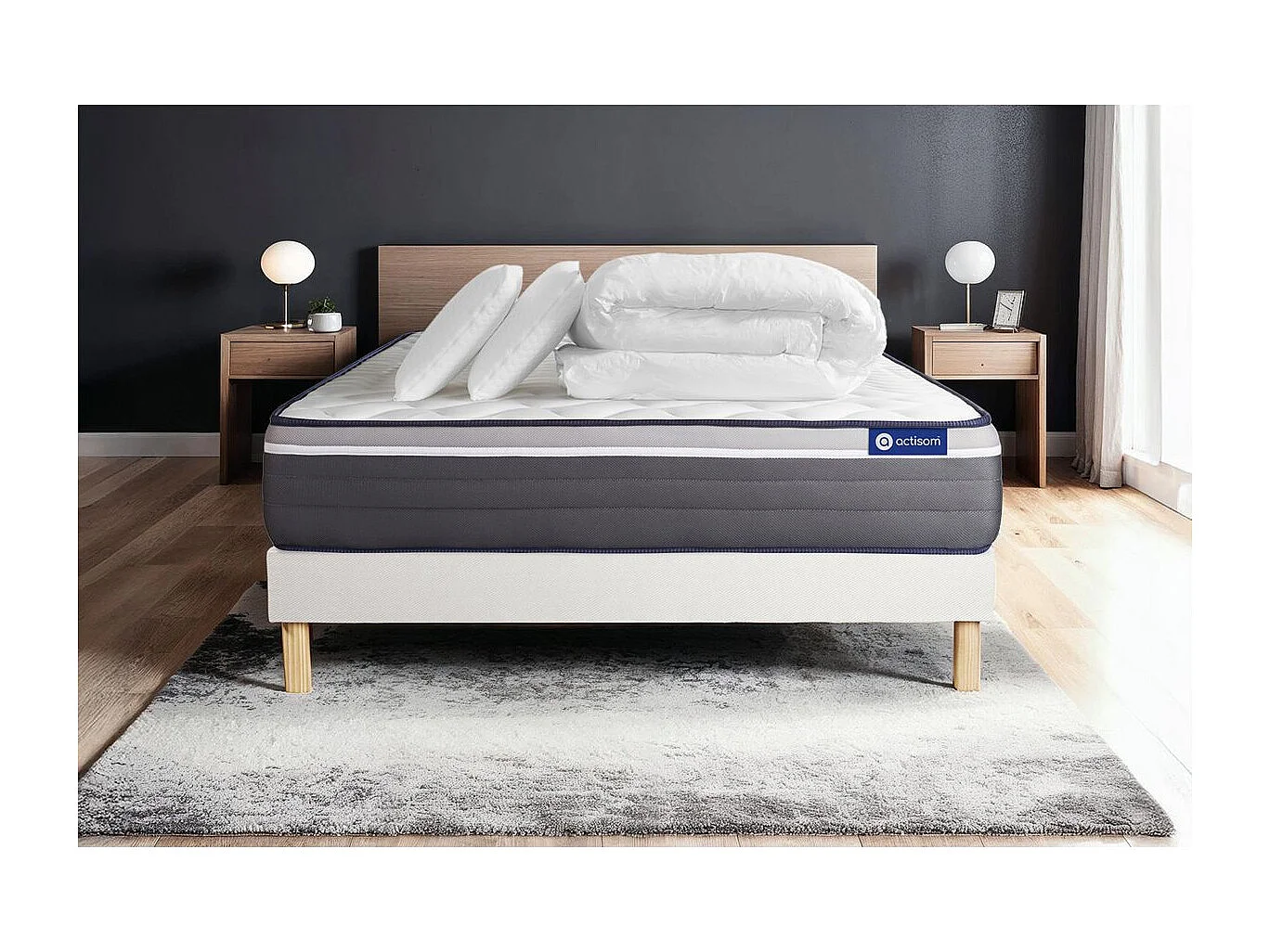 Pack prêt à dormir matelas ACTIFLEX PLUS 180x200 Ressorts ensachés+Mémoire de forme + sommier KIT blanc + 2 oreillers+couette