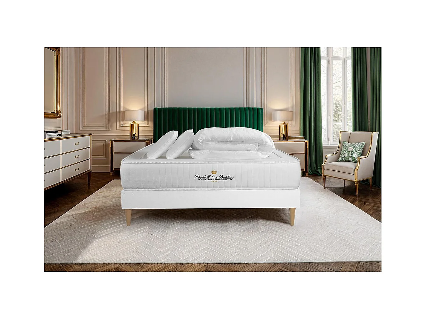 Pack prêt à dormir 180x200 matelas LANCASTER ressorts ensachés et mémoire de forme + sommier kit blanc