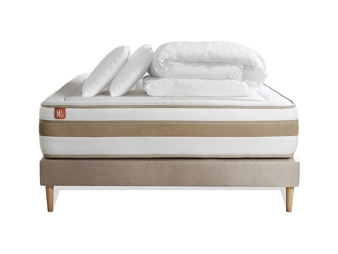 Pack prêt à dormir matelas LE RAFFINÉ 140x190cm Ressorts ensachés + Mémoire de forme BioVisco + sommier kit Beige