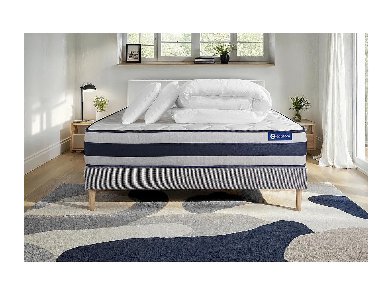 Compleet bedpakket - Matras 140x200 cm + Boxspring met lattenbodem (in kit) + 2 kussens + Dekbed - Actimemo Ergo