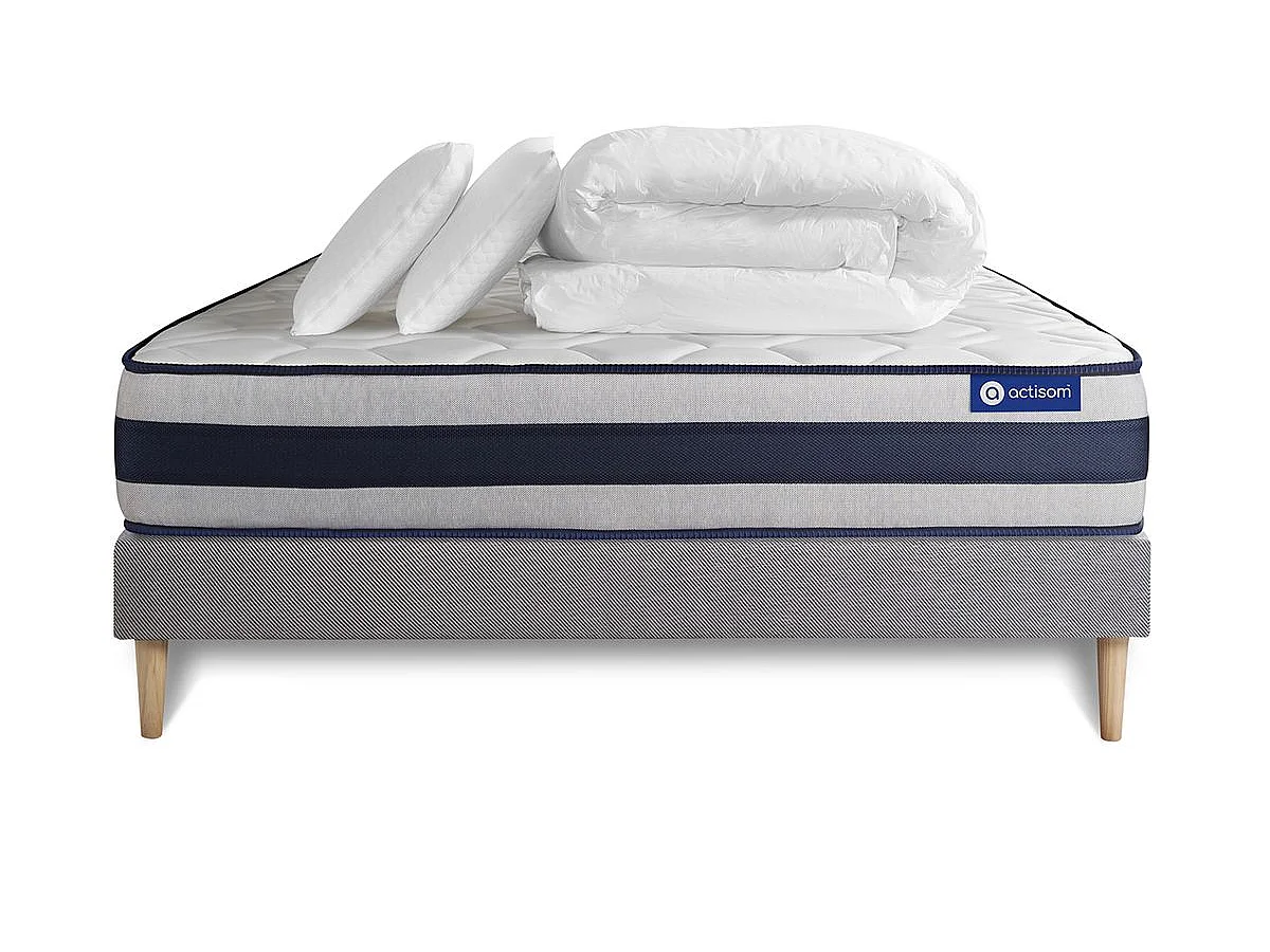 Pack prêt à dormir matelas Mémoire de forme ACTIMEMO ERGO 140x200 cm Maxi épaisseur + sommier KIT gris + 2oreillers +couette