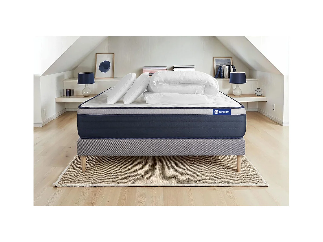 Pack prêt à dormir matelas Mémoire de forme ACTIMEMO MAX 140x200 cm Maxi épaisseur + sommier KIT gris + 2 oreillers +couette