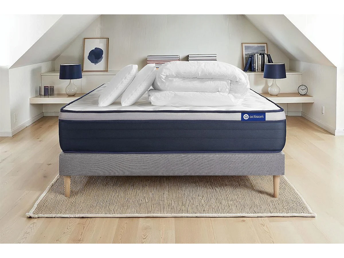 Pack prêt à dormir matelas Mémoire de forme ACTIMEMO MAX 140x200 cm Maxi épaisseur + sommier KIT gris + 2 oreillers +couette