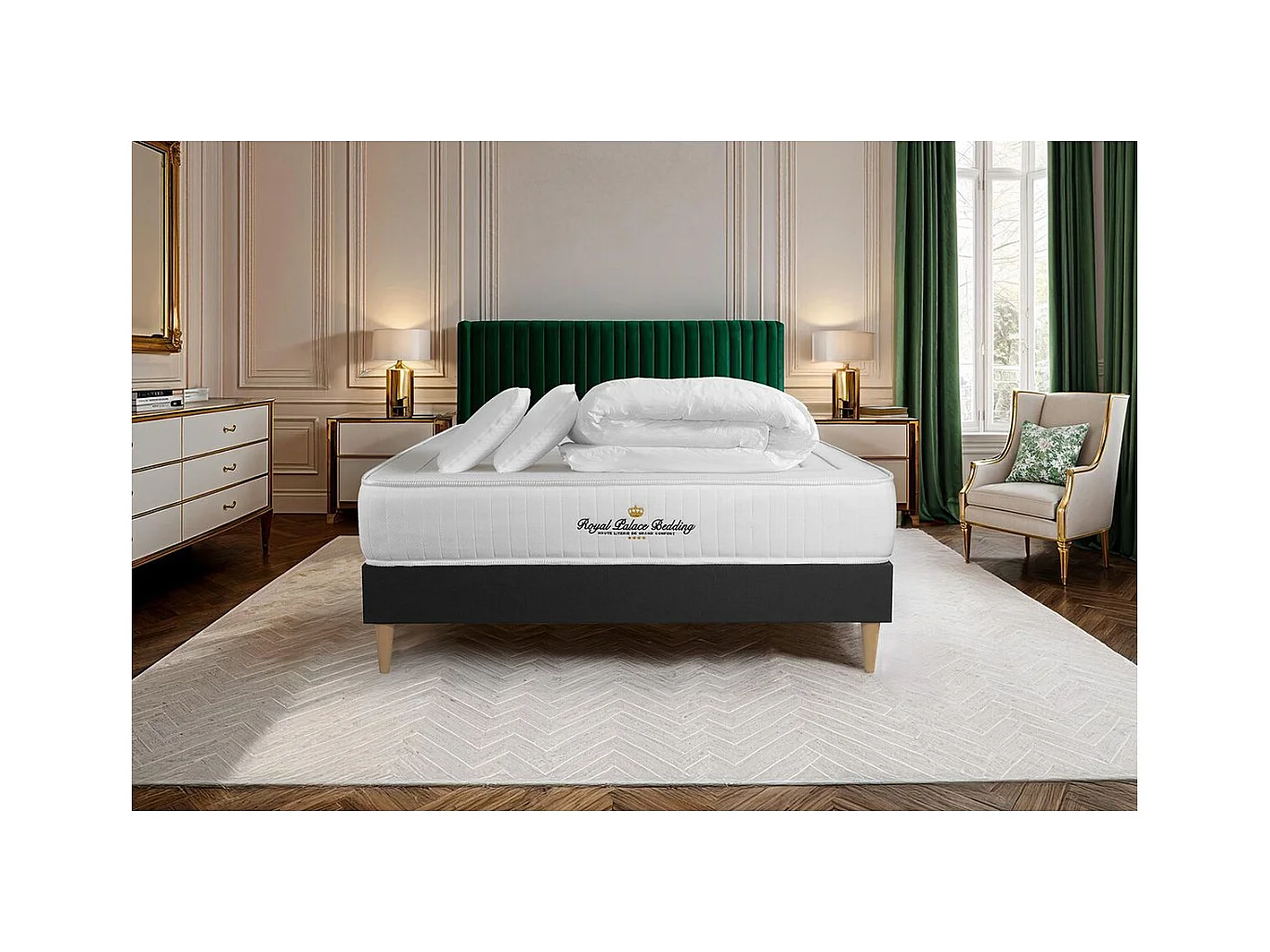 Pack prêt à dormir 180x200 matelas LANCASTER ressorts ensachés et mémoire de forme + sommier kit noir + Couette + 2 oreillers