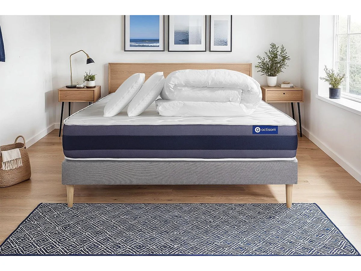 Pacchetto letto completo - Materasso 140x200cm + Box spring con doghe (in kit) + 2 cuscini + Piumino - Actiflex Morpho