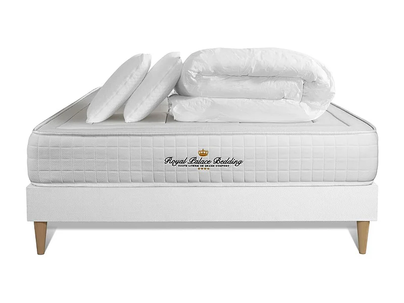 Pack matelas à mémoire de forme maxi épaisseur Balmoral 180x200cm + sommier KIT blanc + 2 oreillers + 1 couette