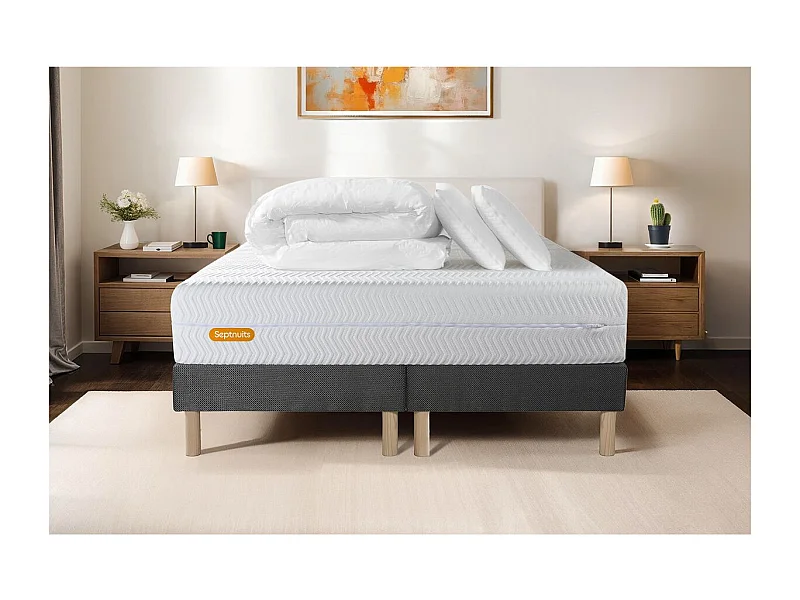 PACK Matelas 160x200 + double sommiers gris 80x200 Memo Bio  Mousse à mémoire de forme 5 zones de confort Maxi épaisseur