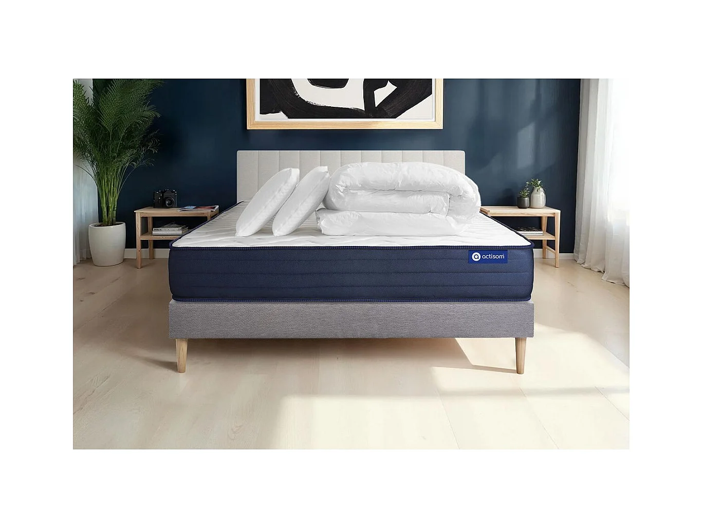 Pack prêt à dormir matelas ACTILATEX LIFE 200x200 cm Latex et Mémoire de forme + sommier KIT gris + 2 oreillers + couette