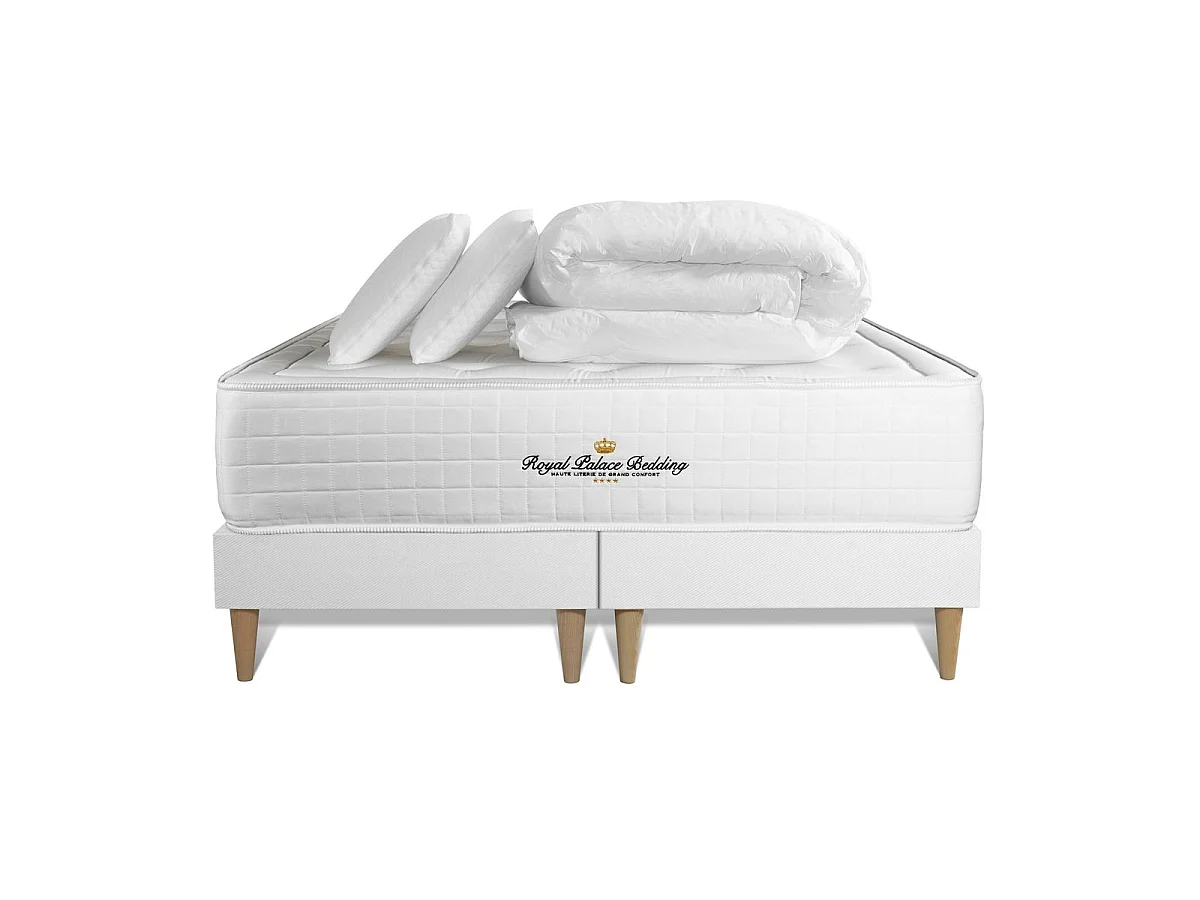 Pack matelas à mémoire de forme maxi épaisseur Buckingham 160x200cm + double sommier 80x200 cm + 2 oreillers + 1 couette