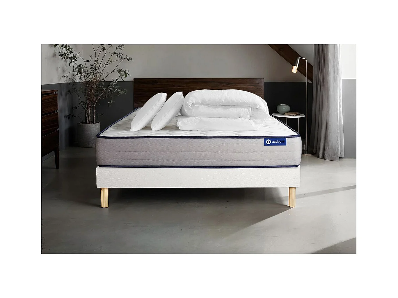 Pack prêt à dormir matelas Ressorts ensachés + Mémoire de forme ACTIFLEX FORM 160x200 + sommier KIT blanc +2oreillers+couette