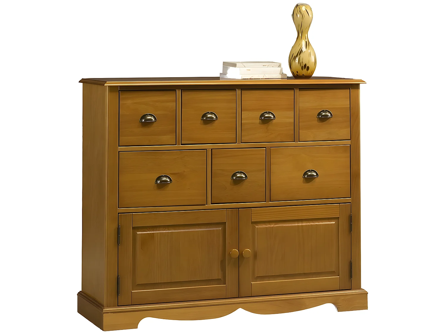 Buffet Pin Miel 2 Portes 7 Tiroirs L 117 H 97 P 38 cm