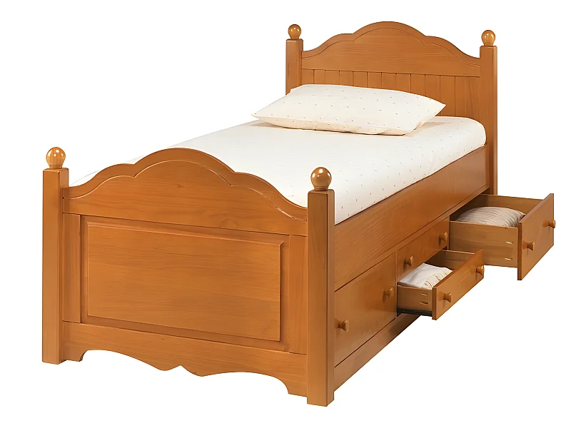 Lit 1 Place 4 Tiroirs Pin Massif Miel