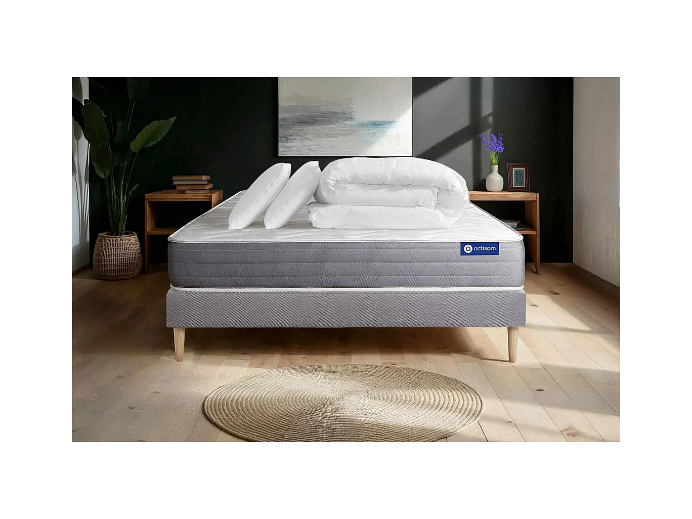 Pack prêt à dormir matelas ACTILATEX DREAM Latex et mémoire de forme 180x200 cm + sommier KIT gris + 2 oreillers + couette