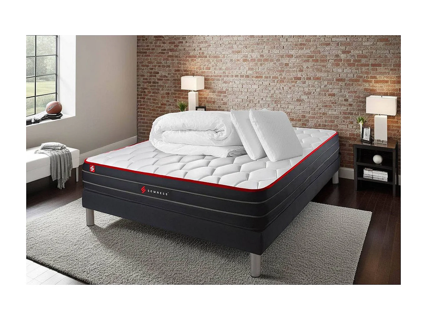 Pack prêt à dormir 160x200 matelas BOOST ressorts ensachés et mémoire de forme + sommier kit noir + Couette + 2 oreillers