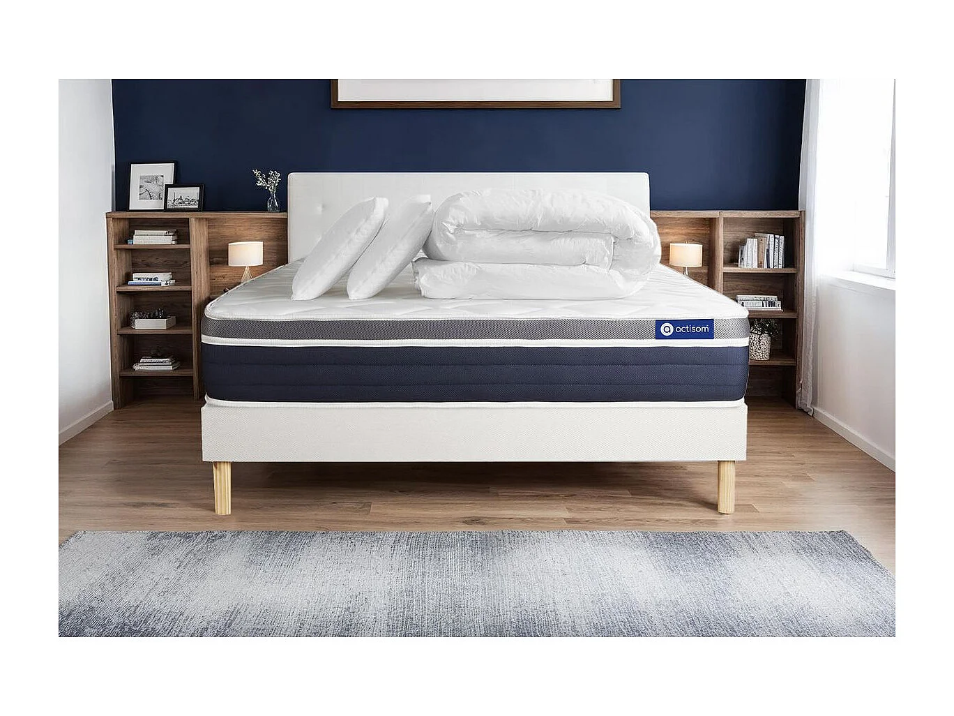 Komplettpaket Bett - Matratze 140x190 cm + Boxspringbett mit Lattenrost (im Set) + 2 Kopfkissen + Bettdecke - Actilatex Confort