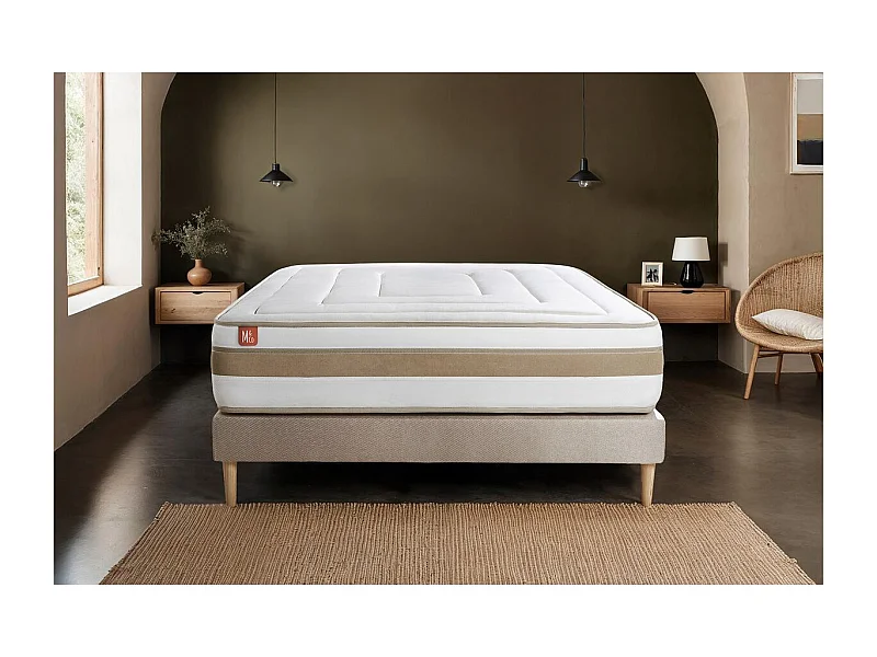 Ensemble LE RAFFINÉ 200x200cm Ressorts ensachés + Mémoire de forme BioVisco - Maxi épaisseur 26cm + sommier kit Beige