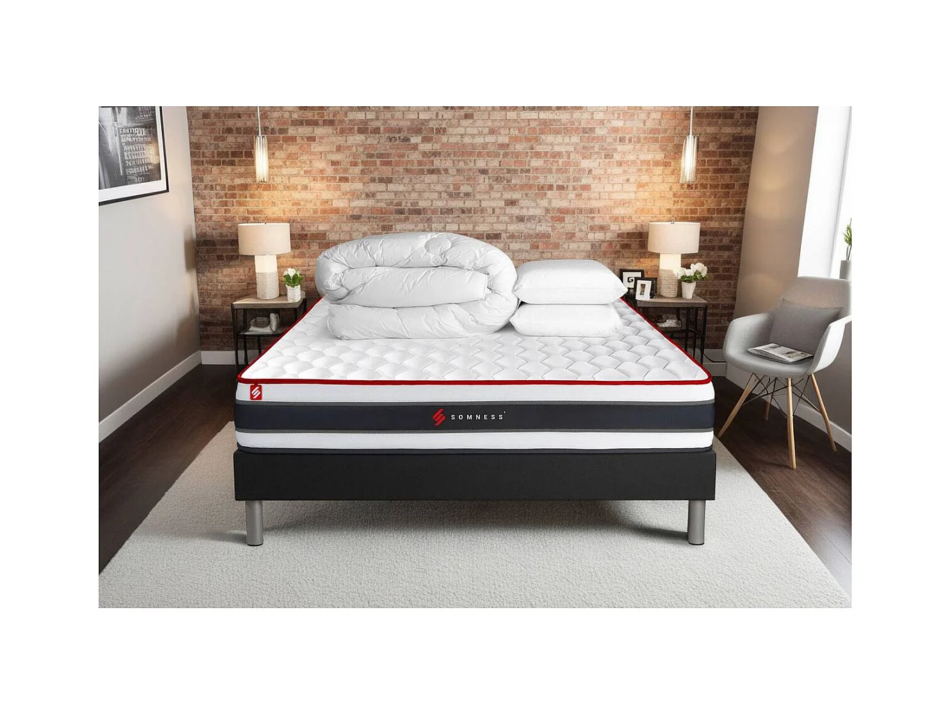 Pack prêt à dormir 180x200 matelas ENERGY ressorts ensachés et mémoire de forme + sommier kit noir + Couette + 2 oreillers