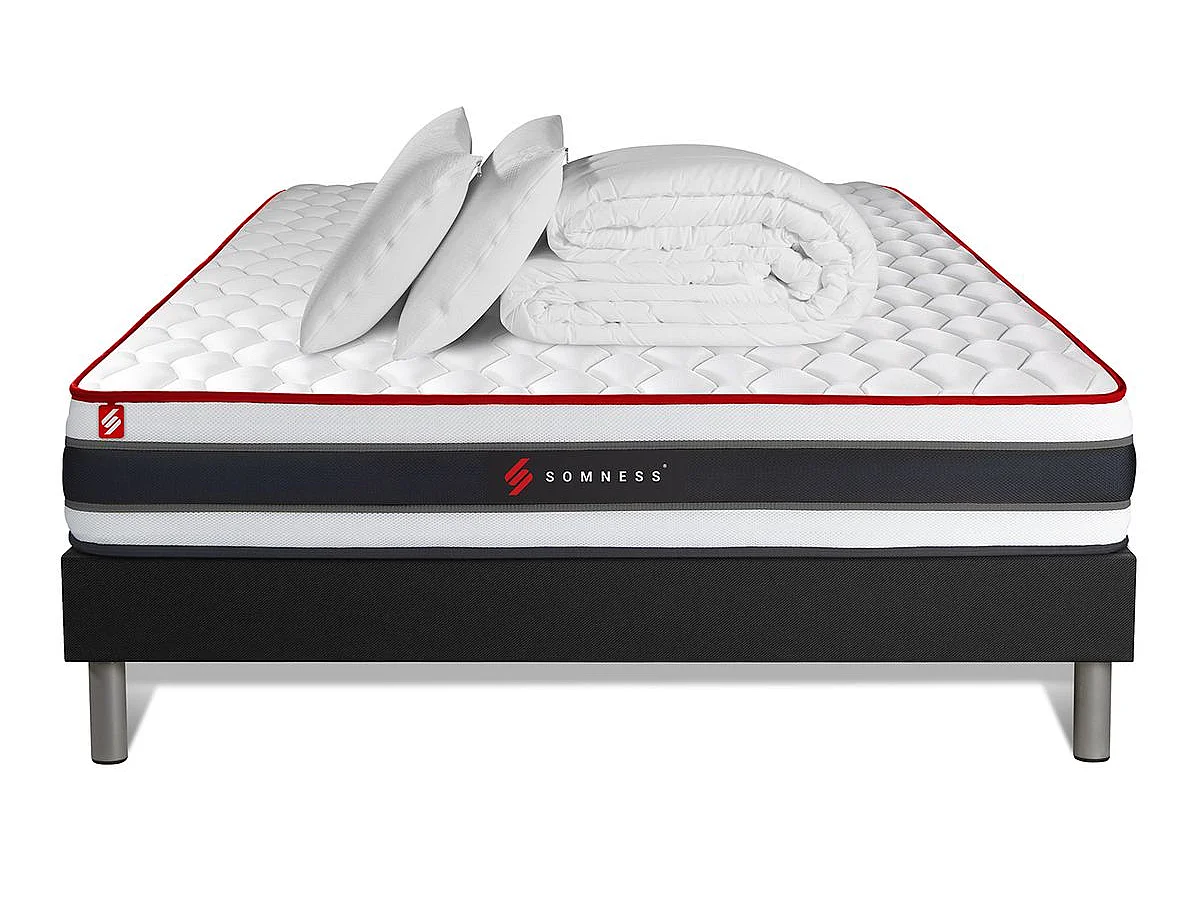 Pack prêt à dormir 180x200 matelas ENERGY ressorts ensachés et mémoire de forme + sommier kit noir + Couette + 2 oreillers
