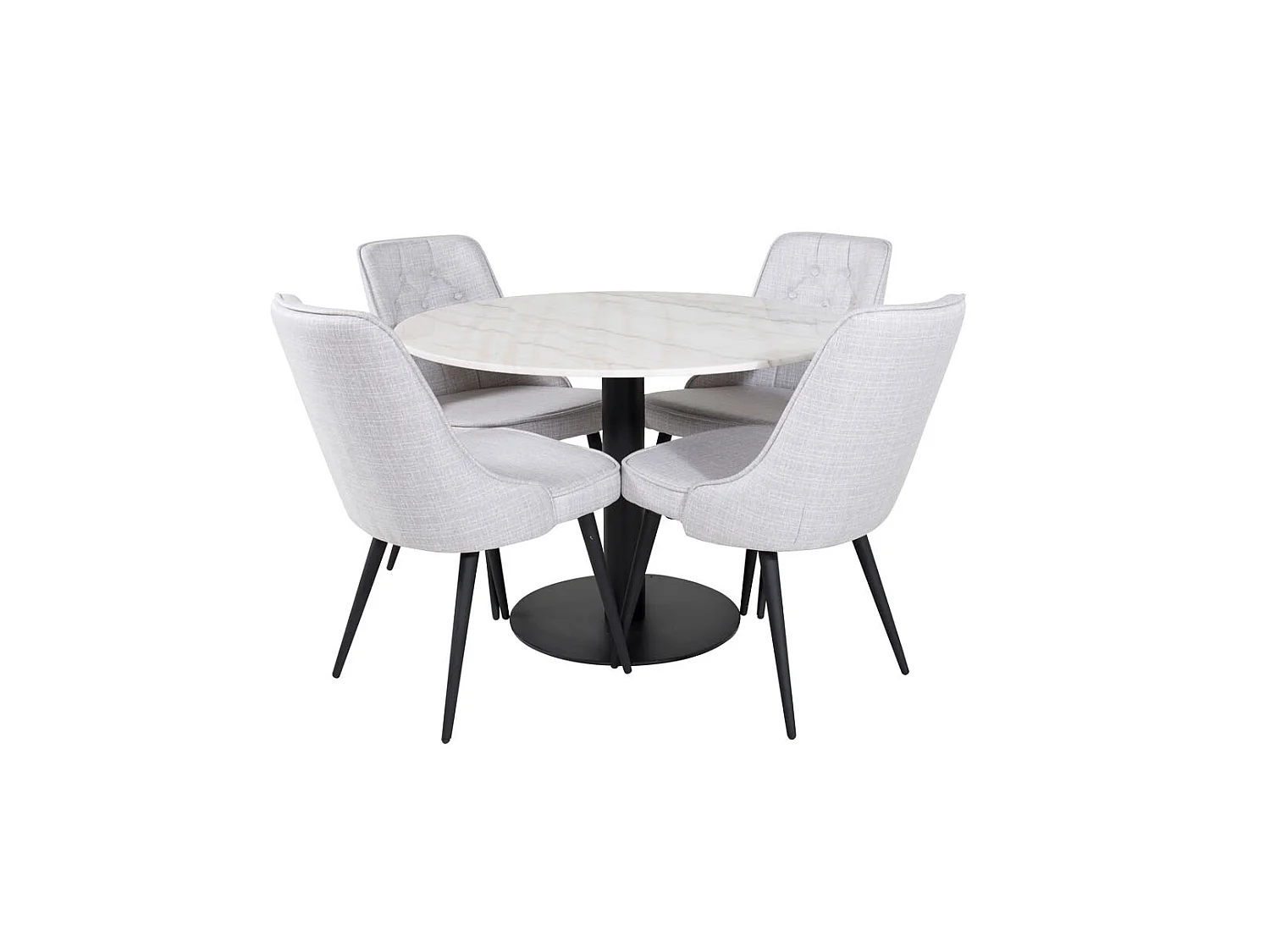 EstelleØ106WHBL eethoek eetkamertafel wit, marmer en 4 Velvet Deluxe eetkamerstal lichtgrijs, zwart.