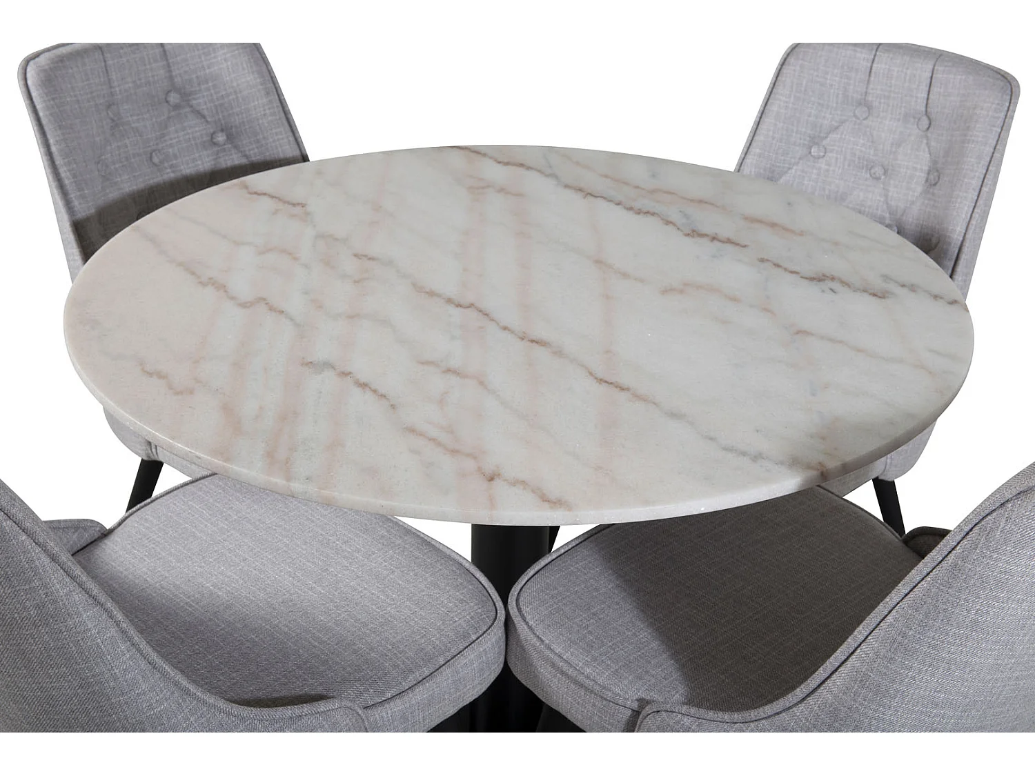 EstelleØ106WHBL eethoek eetkamertafel wit, marmer en 4 Velvet Deluxe eetkamerstal lichtgrijs, zwart.