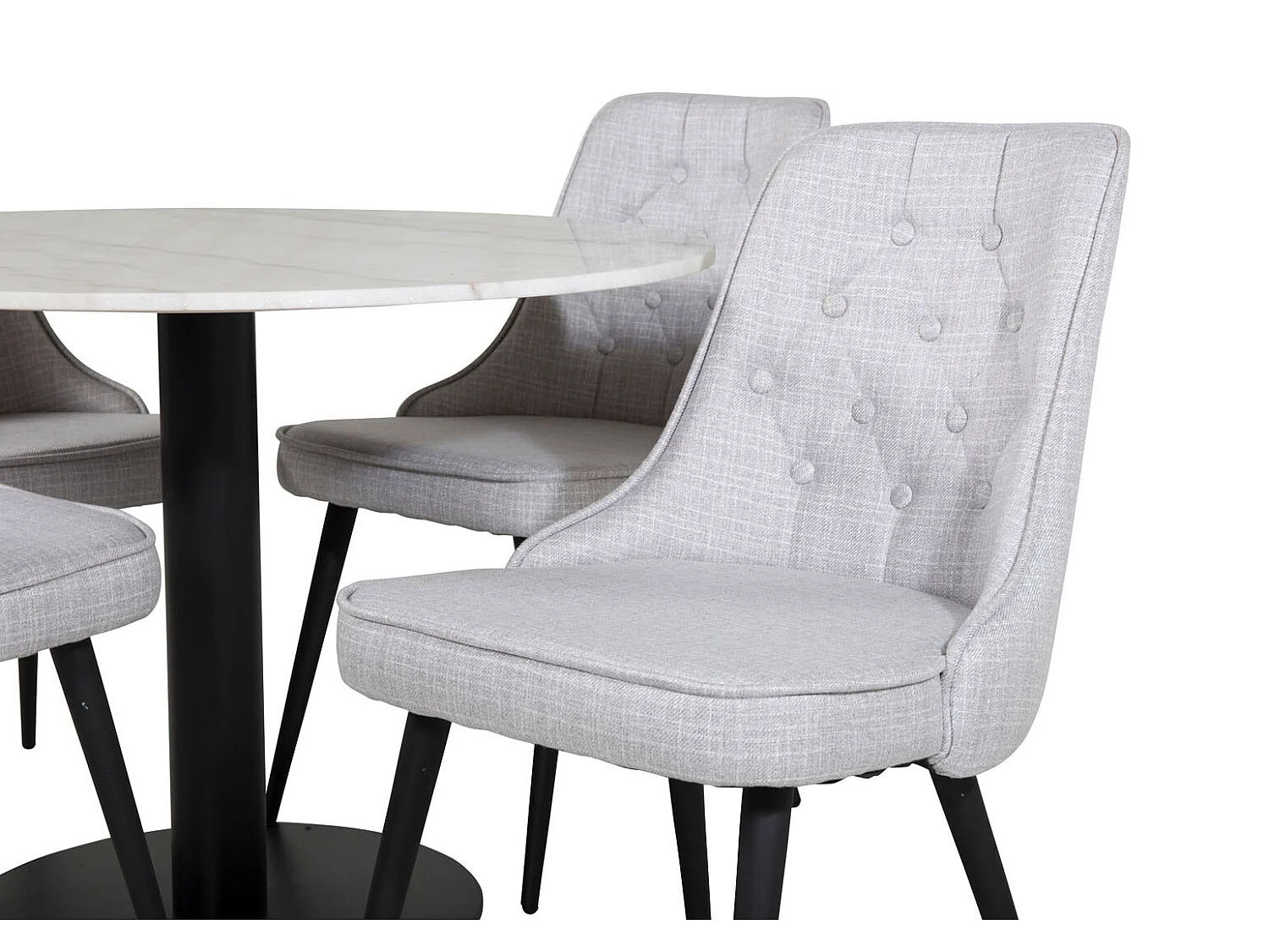 EstelleØ106WHBL eethoek eetkamertafel wit, marmer en 4 Velvet Deluxe eetkamerstal lichtgrijs, zwart.