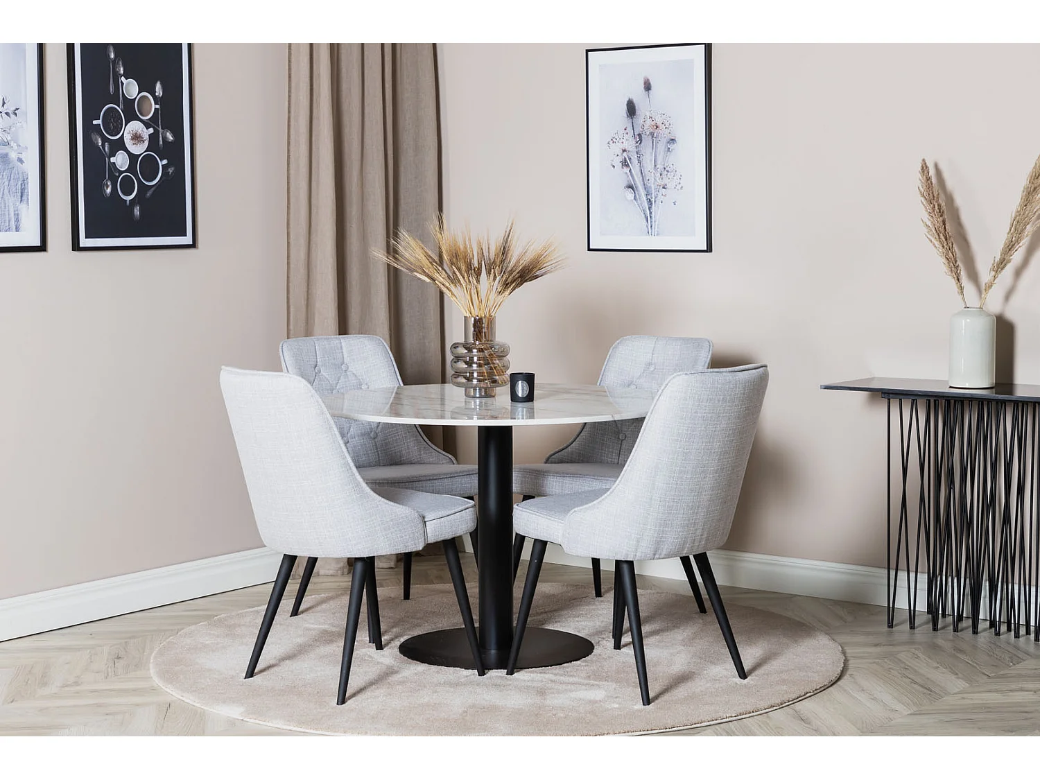EstelleØ106WHBL eethoek eetkamertafel wit, marmer en 4 Velvet Deluxe eetkamerstal lichtgrijs, zwart.