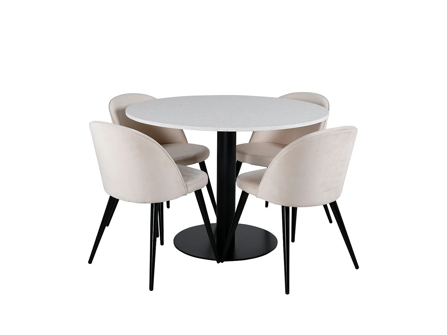 RazziaWH Essgruppe Esstisch Terazzo weiß und 4 Velvet Esszimmerstühle Velour beige, schwarz.