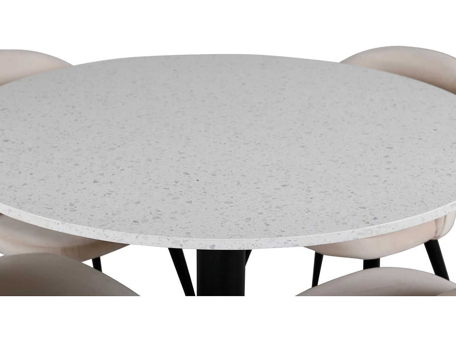 RazziaWH Essgruppe Esstisch Terazzo weiß und 4 Velvet Esszimmerstühle Velour beige, schwarz.