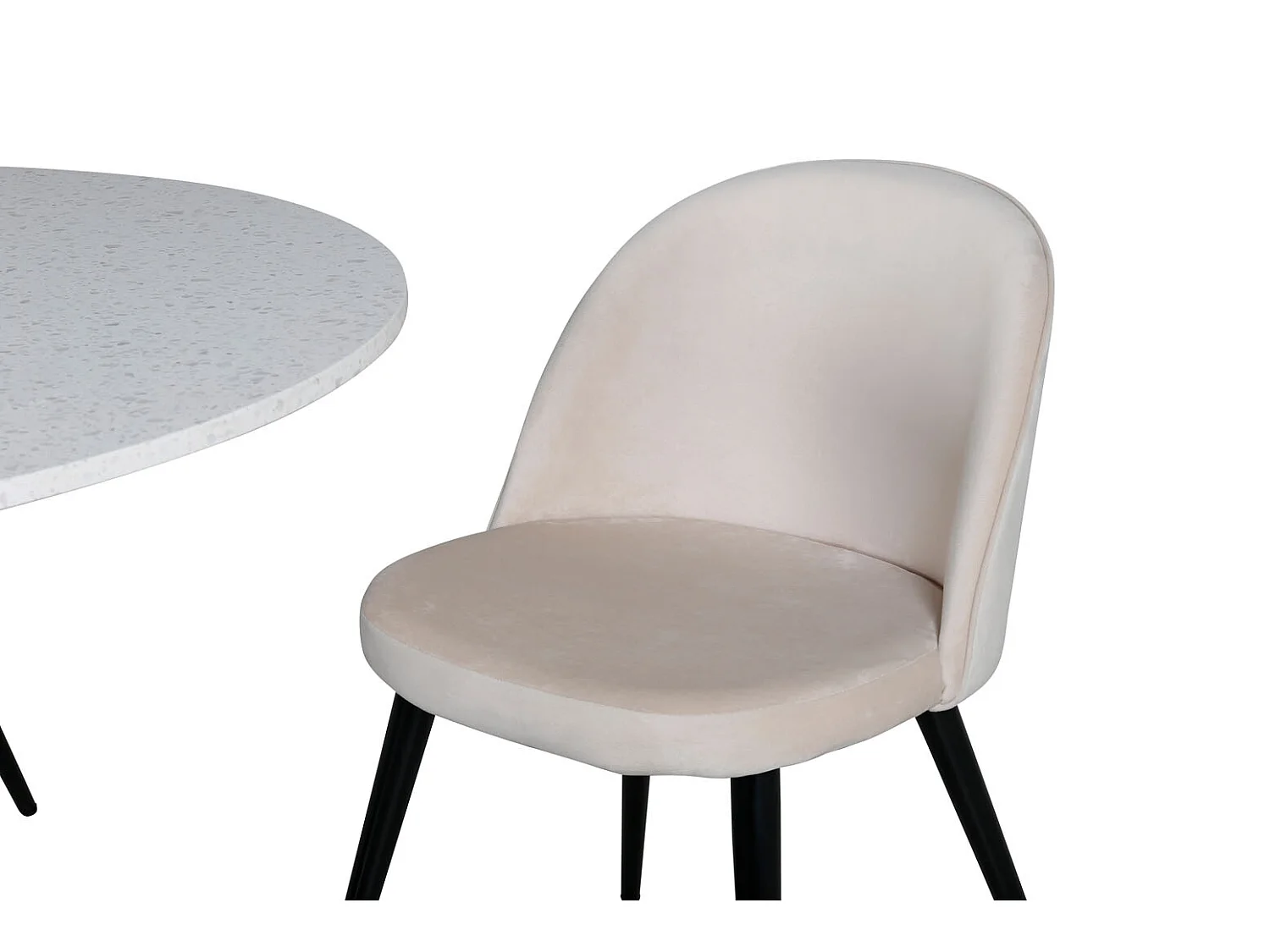 RazziaWH Essgruppe Esstisch Terazzo weiß und 4 Velvet Esszimmerstühle Velour beige, schwarz.