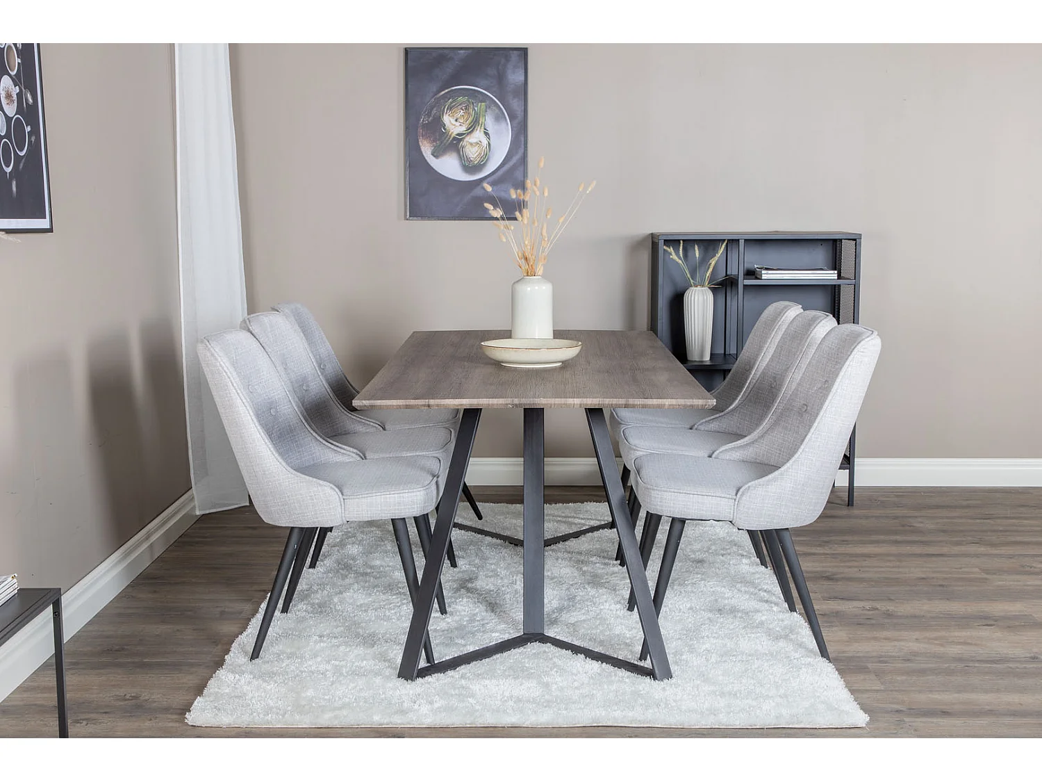 MarinaGRBL ensemble table, table El bois décor gris et 6 Velvet Deluxe chaises grisclair, noir.