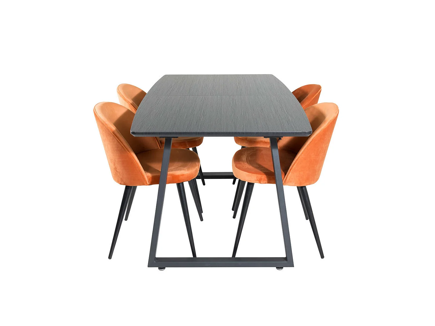 IncaBLBL eethoek eetkamertafel uitschuifbare tafel lengte cm 160 / 200 zwart en 4 Velvet eetkamerstal velours oranje, zwart.
