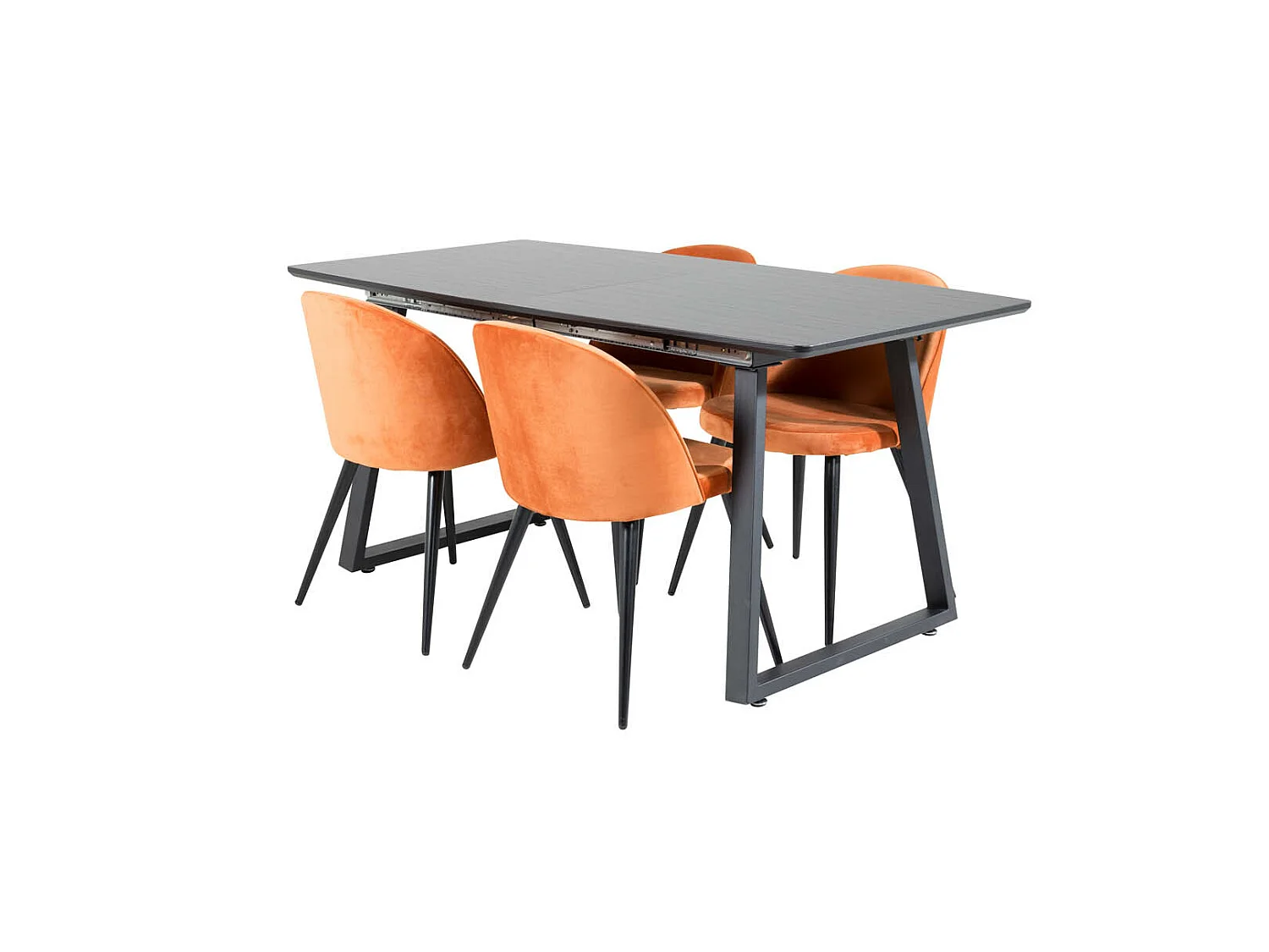 IncaBLBL eethoek eetkamertafel uitschuifbare tafel lengte cm 160 / 200 zwart en 4 Velvet eetkamerstal velours oranje, zwart.