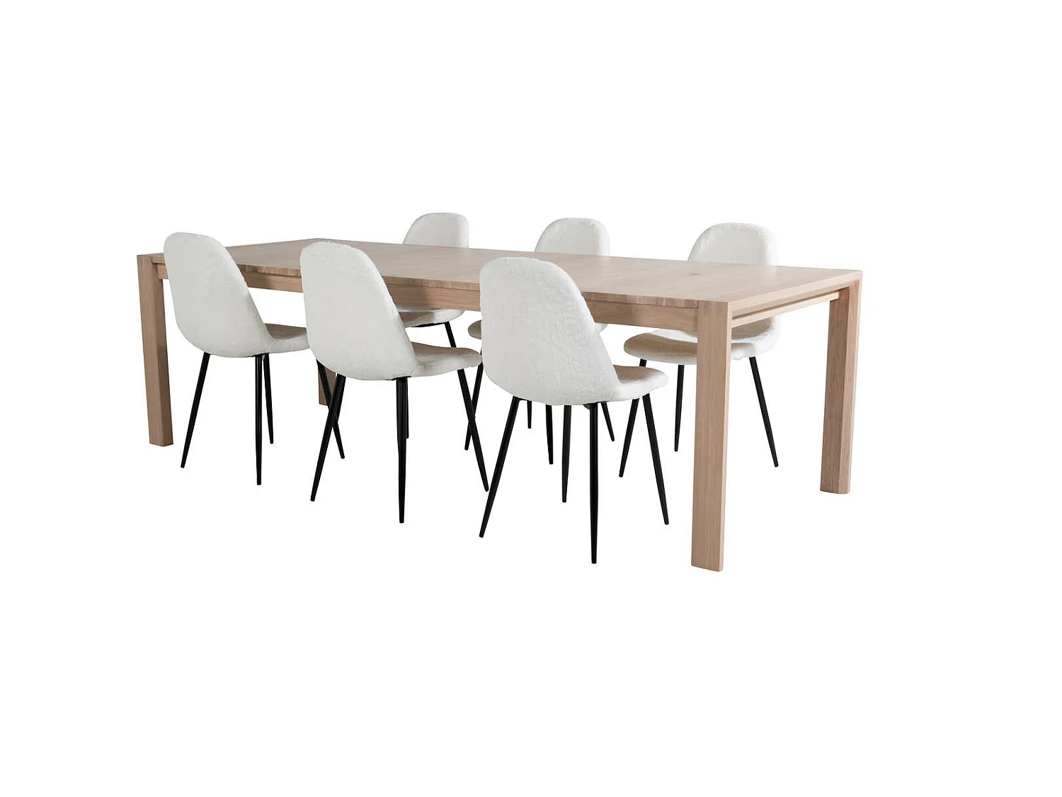 SliderWW eethoek eetkamertafel uitschuifbare tafel lengte cm 170 / 250 eik wit washeded en 6 Polar Fluff eetkamerstal Teddy wit.