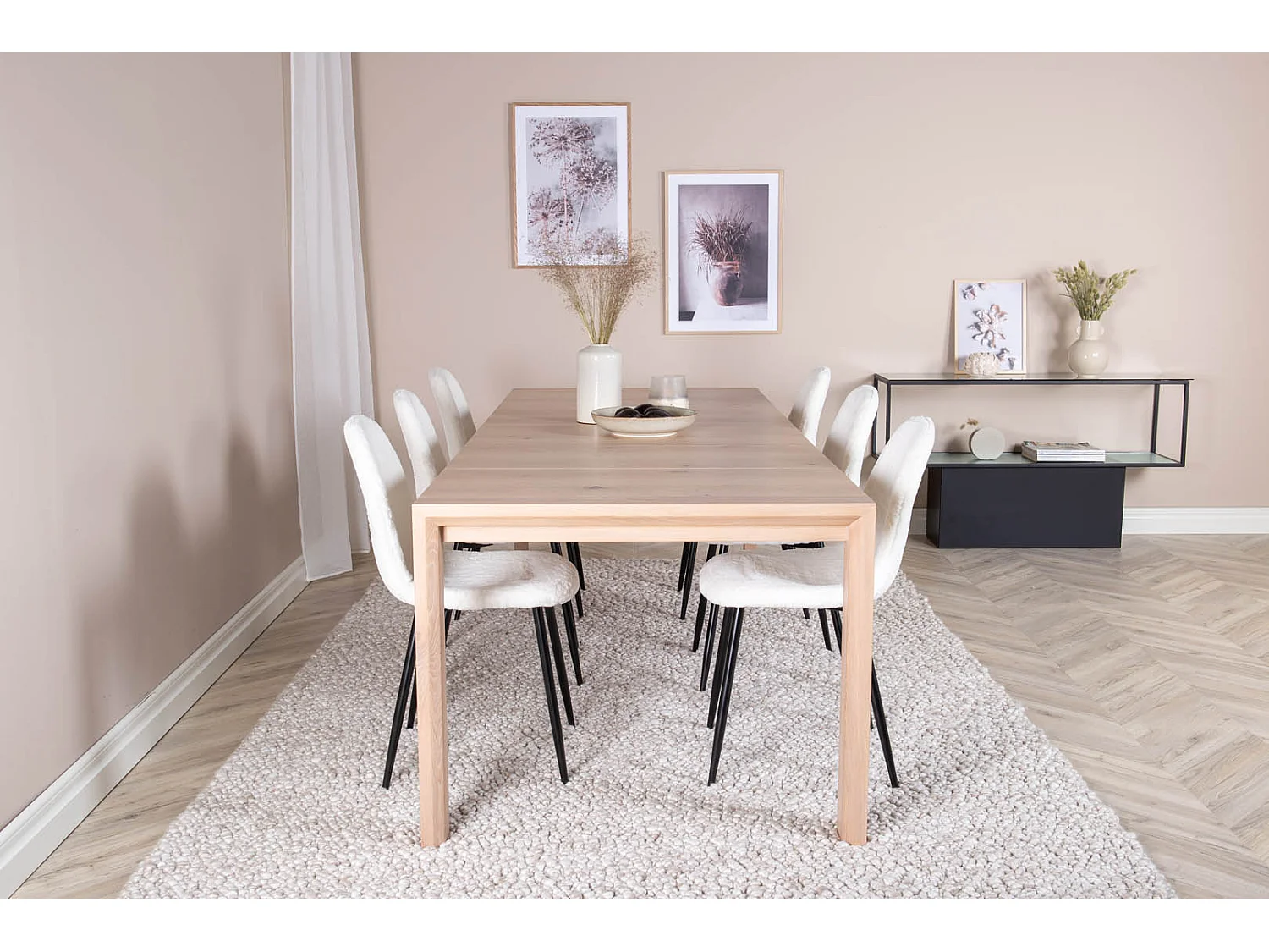SliderWW ensemble table, table extensible longueur cm170 / 250 chêne blanc washeded et 6 Polar Fluff chaises Teddy blanc.