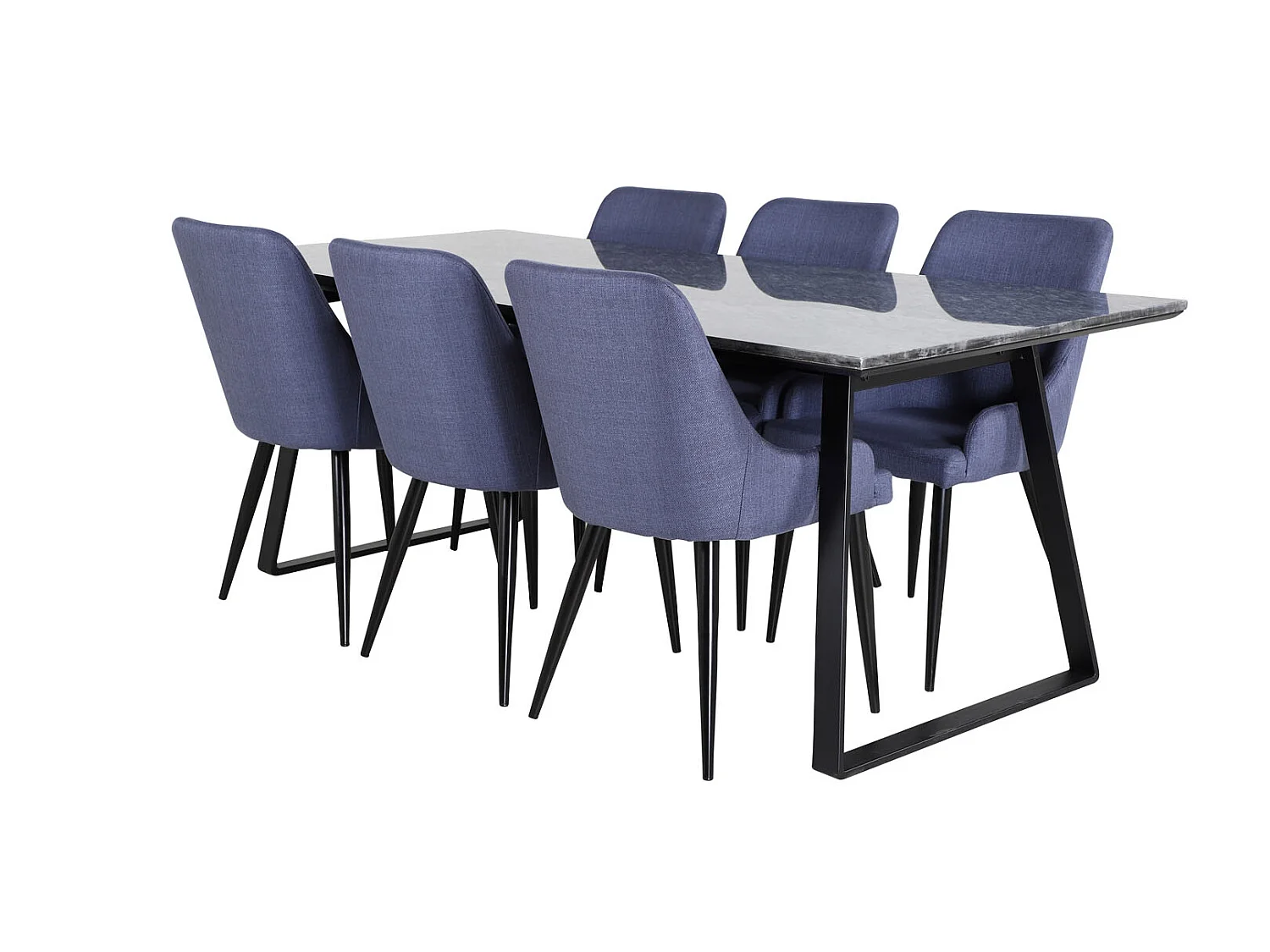 EstelleBLBL eethoek eetkamertafel zwart, marmer en 6 Plaza eetkamerstal blauw, zwart.