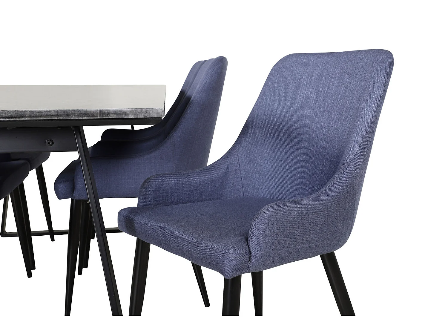 EstelleBLBL eethoek eetkamertafel zwart, marmer en 6 Plaza eetkamerstal blauw, zwart.