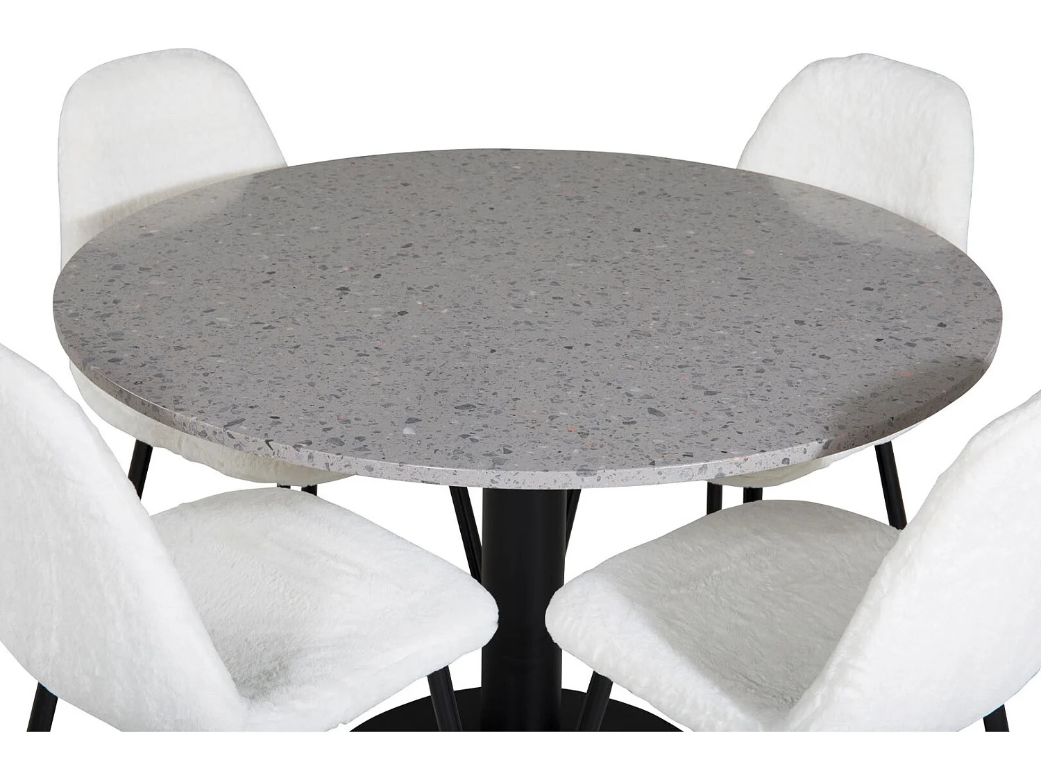 RazziaGR eethoek eetkamertafel terazzo grijs en 4 Polar Fluff eetkamerstal Teddy wit.