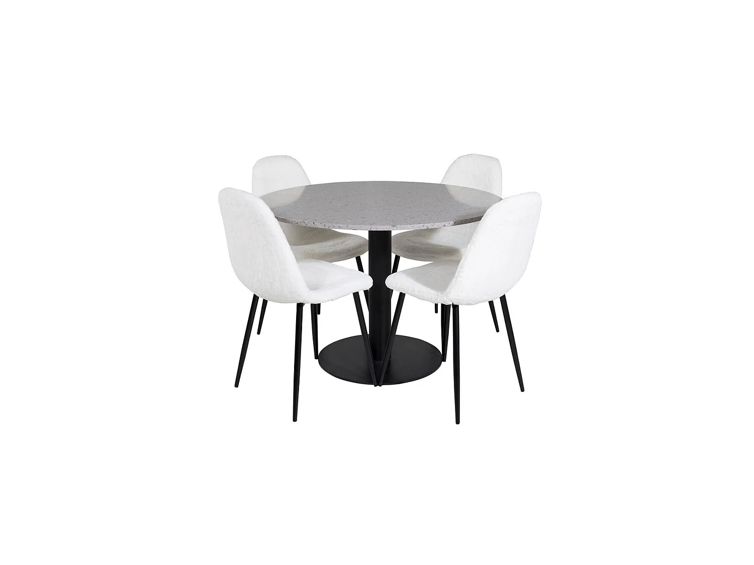 RazziaGR eethoek eetkamertafel terazzo grijs en 4 Polar Fluff eetkamerstal Teddy wit.