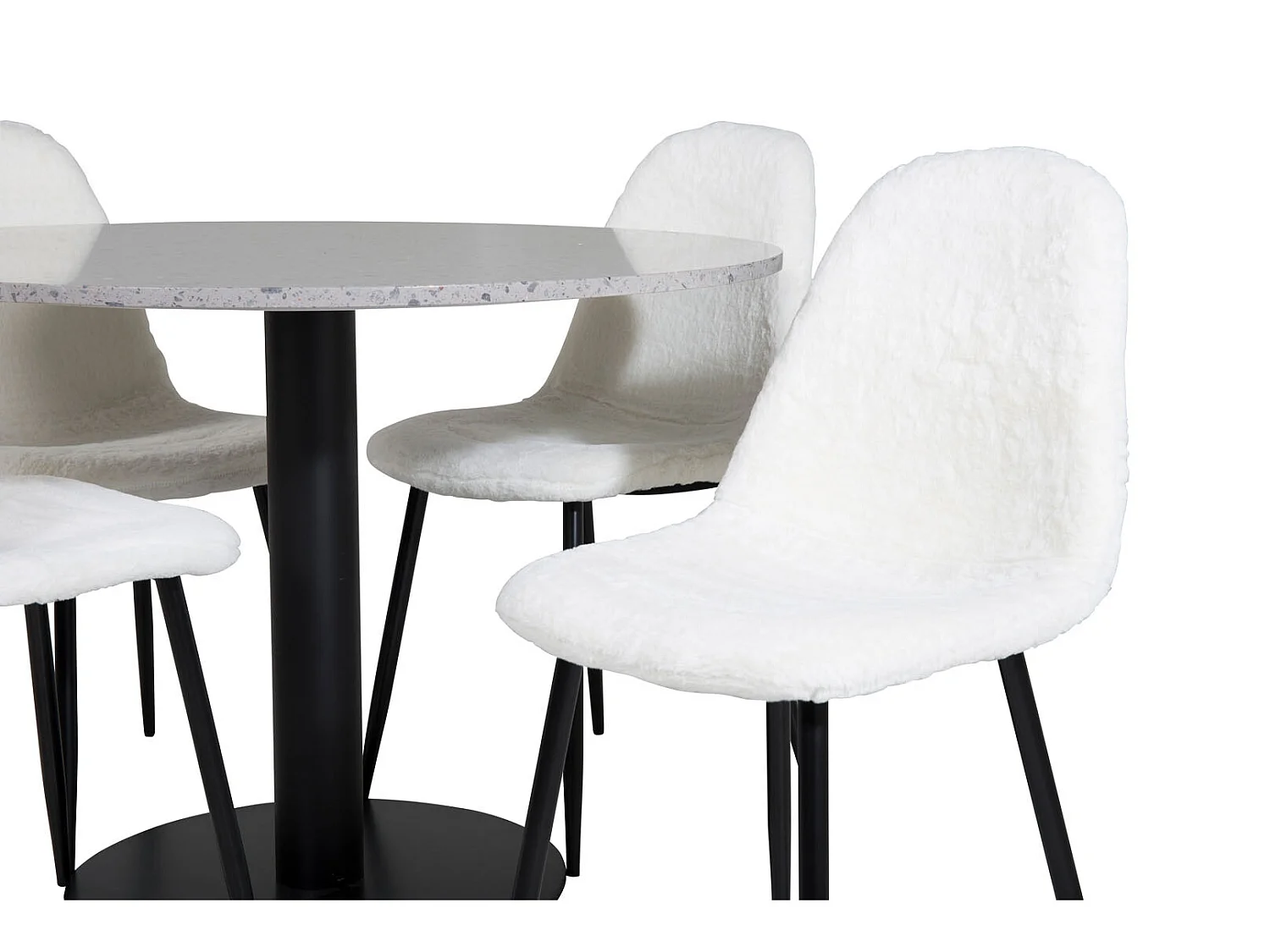 RazziaGR eethoek eetkamertafel terazzo grijs en 4 Polar Fluff eetkamerstal Teddy wit.