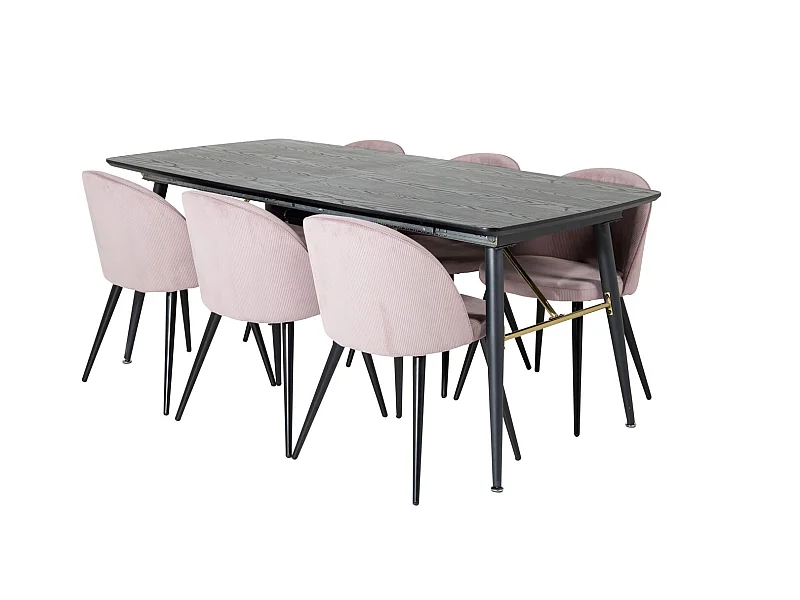 Gold ensemble table, table extensible longueur cm180 / 220 noir et 6 Velvet chaises Velours côtelé rose, noir.